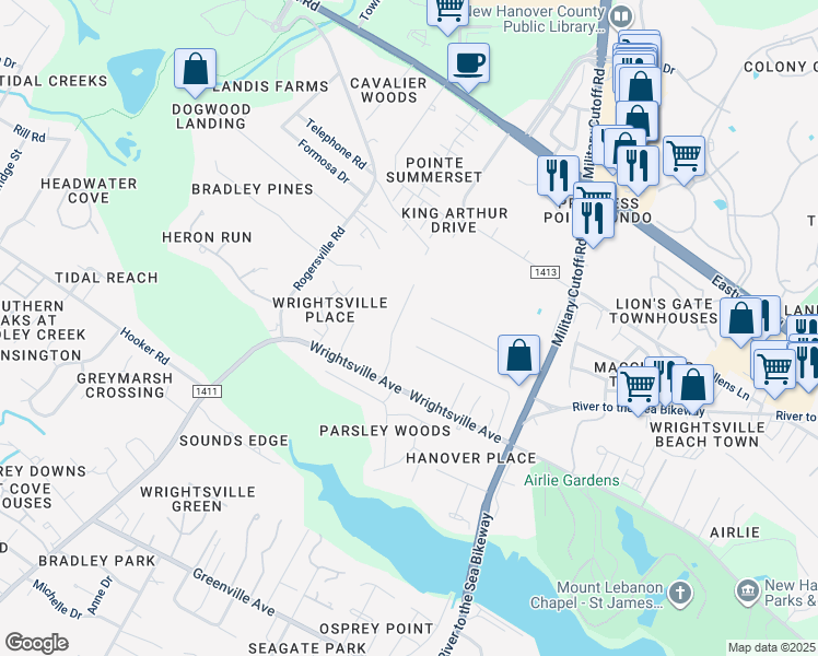 map of restaurants, bars, coffee shops, grocery stores, and more near 2309 New Orleans Place in Wilmington