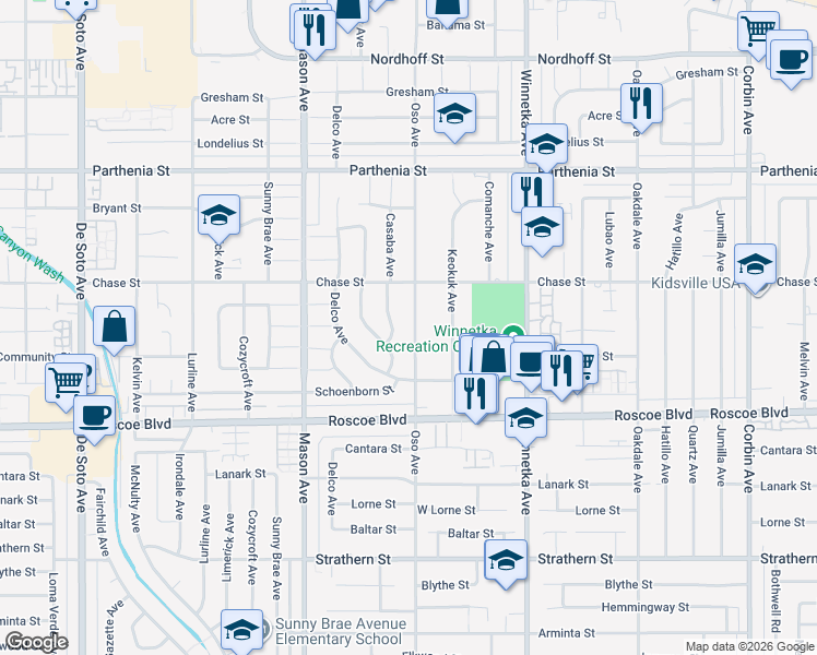 map of restaurants, bars, coffee shops, grocery stores, and more near 8429 Oso Avenue in Los Angeles