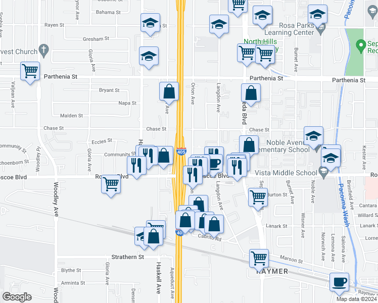 map of restaurants, bars, coffee shops, grocery stores, and more near 8405 Orion Avenue in Los Angeles
