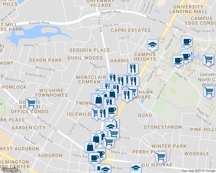 map of restaurants, bars, coffee shops, grocery stores, and more near 7713 Fountain Drive in Wilmington