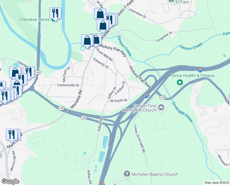 map of restaurants, bars, coffee shops, grocery stores, and more near 241 Killian Street in Canton