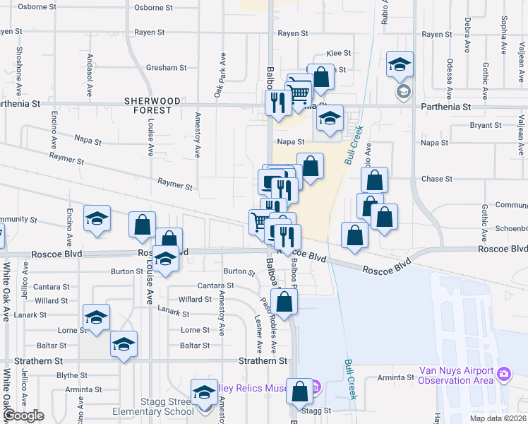 map of restaurants, bars, coffee shops, grocery stores, and more near 8371 Balboa Boulevard in Los Angeles