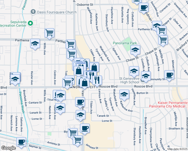 map of restaurants, bars, coffee shops, grocery stores, and more near 8324 Van Nuys Boulevard in Los Angeles