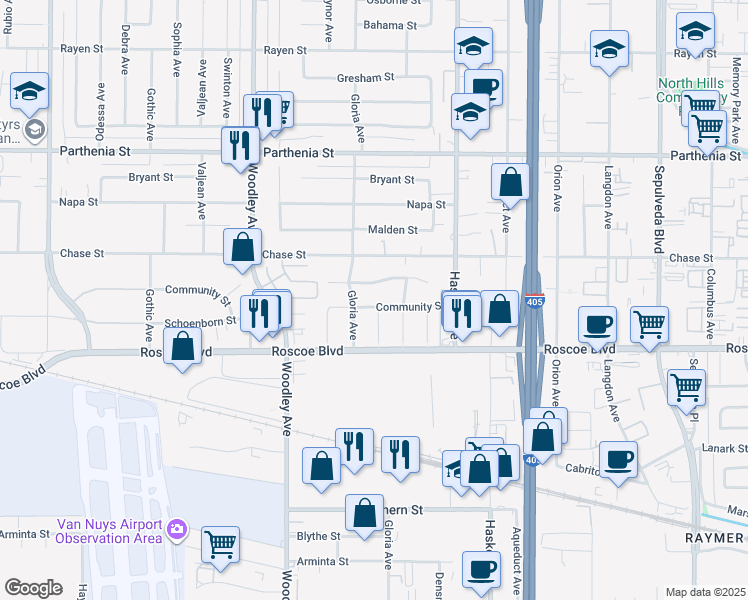 map of restaurants, bars, coffee shops, grocery stores, and more near 15935 Community Street in Los Angeles