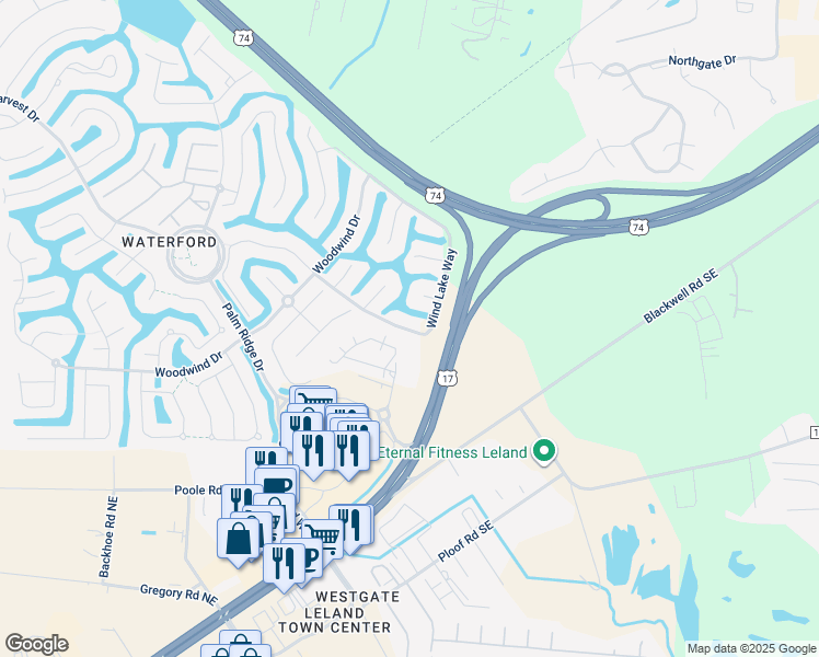 map of restaurants, bars, coffee shops, grocery stores, and more near 2033 Wind Lake Way in Leland