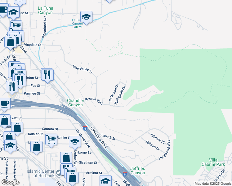map of restaurants, bars, coffee shops, grocery stores, and more near 8428 Petaluma Drive in Los Angeles