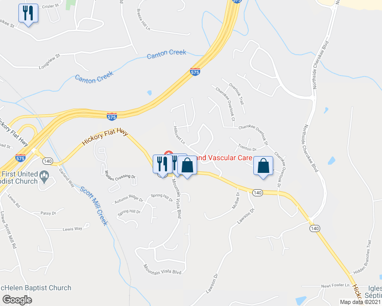 map of restaurants, bars, coffee shops, grocery stores, and more near 307 Hillcrest Lane in Canton