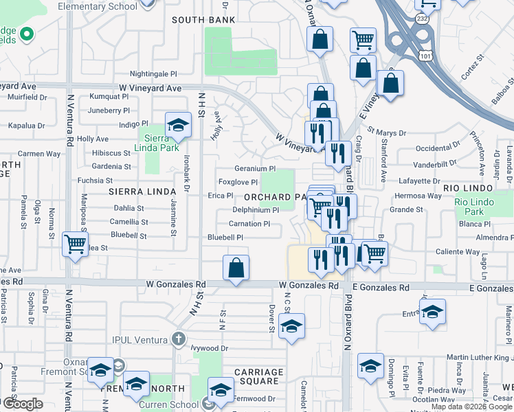 map of restaurants, bars, coffee shops, grocery stores, and more near 521 Carnation Place in Oxnard