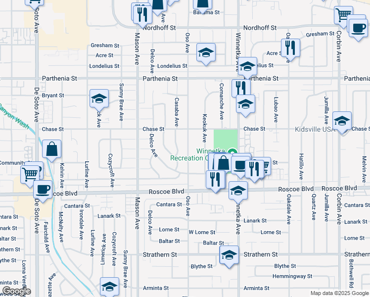 map of restaurants, bars, coffee shops, grocery stores, and more near 8429 Oso Avenue in Los Angeles