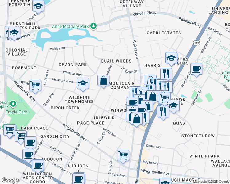 map of restaurants, bars, coffee shops, grocery stores, and more near 703 Montclair Drive in Wilmington