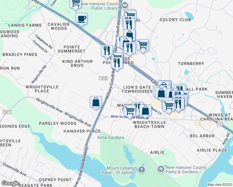 map of restaurants, bars, coffee shops, grocery stores, and more near 1507 Military Cutoff Road in Wilmington