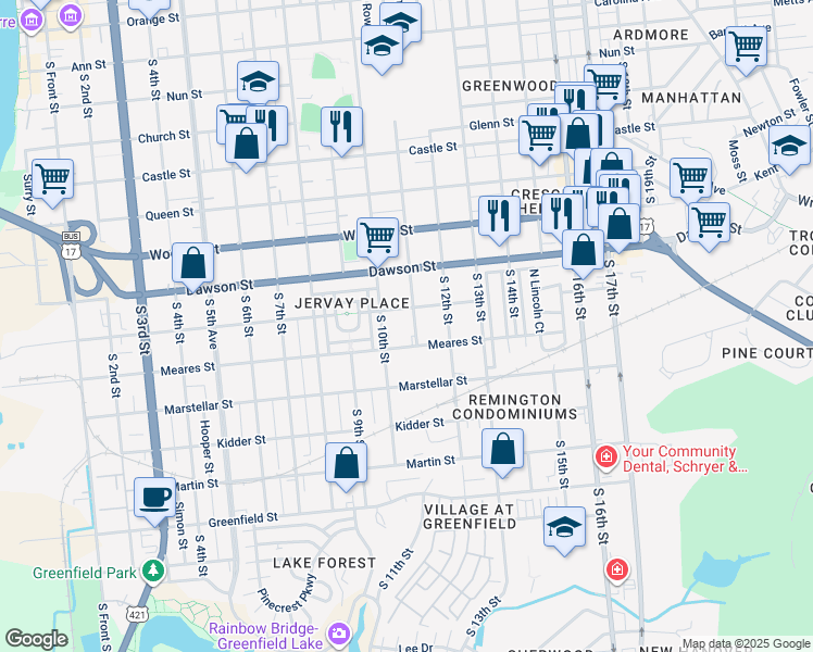map of restaurants, bars, coffee shops, grocery stores, and more near 1010 South 11th Street in Wilmington