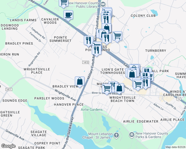 map of restaurants, bars, coffee shops, grocery stores, and more near 2000 Maccumber Ln in Wilmington