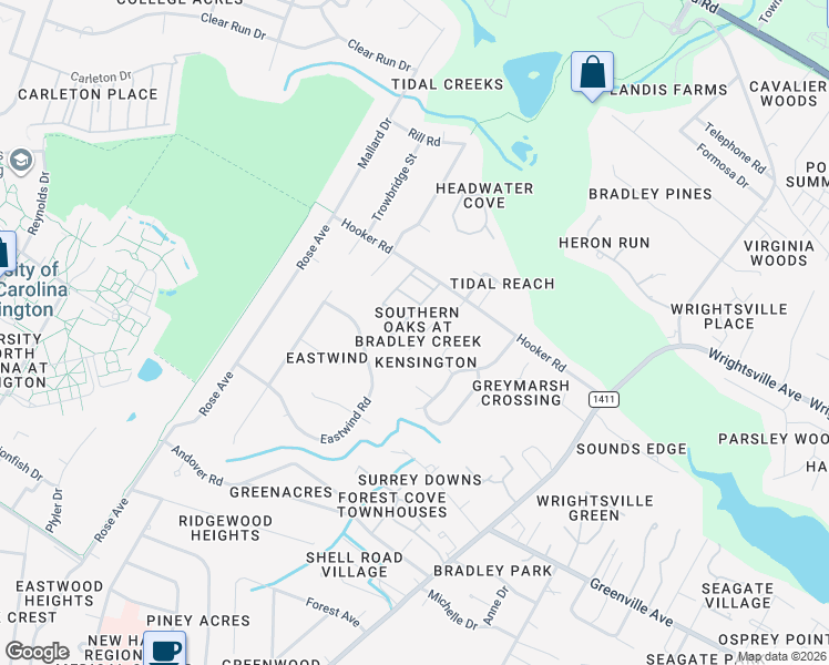 map of restaurants, bars, coffee shops, grocery stores, and more near 702 Woodland Forest Court in Wilmington