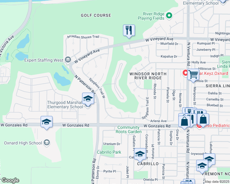map of restaurants, bars, coffee shops, grocery stores, and more near 2129 Bermuda Dunes Place in Oxnard