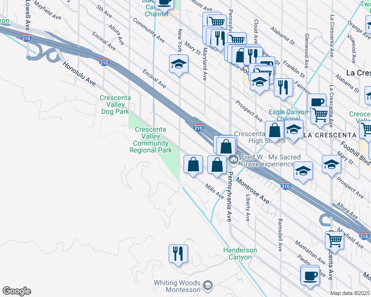 map of restaurants, bars, coffee shops, grocery stores, and more near 3340 Honolulu Avenue in Glendale