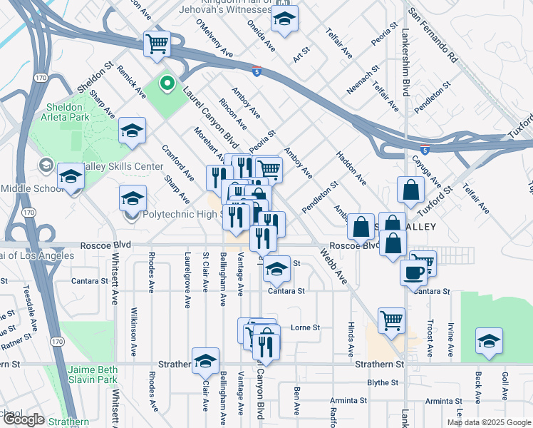 map of restaurants, bars, coffee shops, grocery stores, and more near 8365 Laurel Canyon Boulevard in Los Angeles