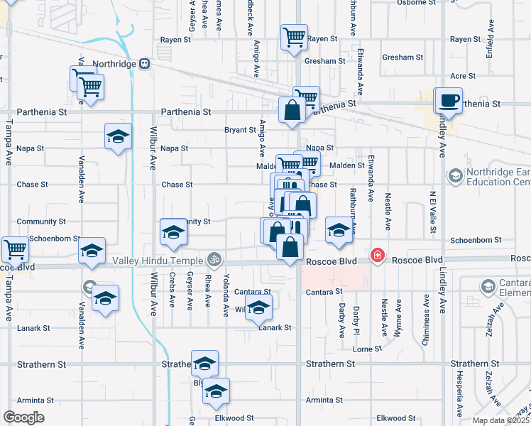 map of restaurants, bars, coffee shops, grocery stores, and more near 8356 Amigo Avenue in Los Angeles