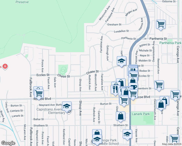 map of restaurants, bars, coffee shops, grocery stores, and more near 8409 Moorcroft Avenue in Los Angeles