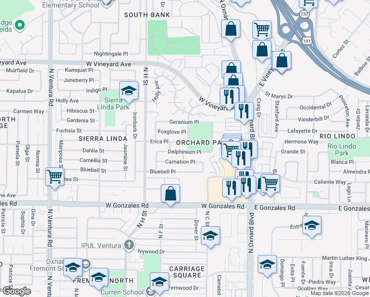 map of restaurants, bars, coffee shops, grocery stores, and more near 521 Carnation Place in Oxnard