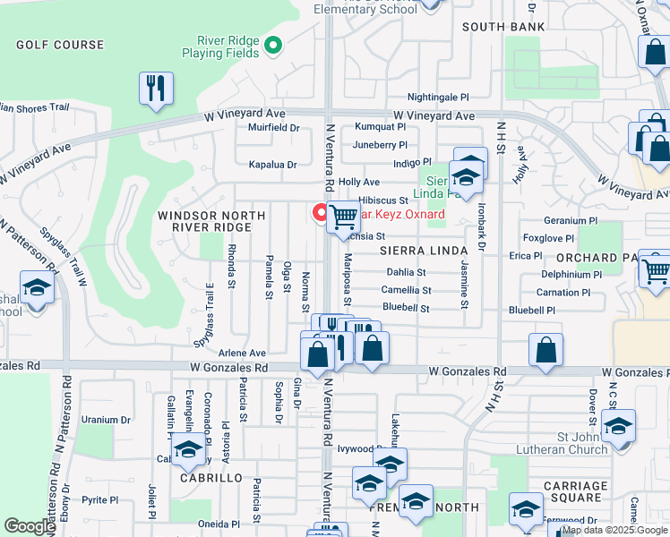 map of restaurants, bars, coffee shops, grocery stores, and more near 2056 North Ventura Road in Oxnard