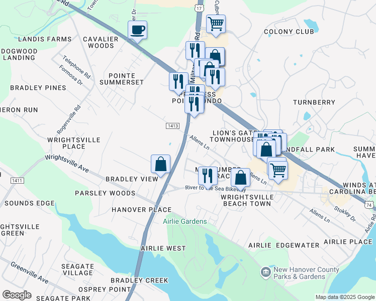 map of restaurants, bars, coffee shops, grocery stores, and more near 2000 Maccumber Ln in Wilmington