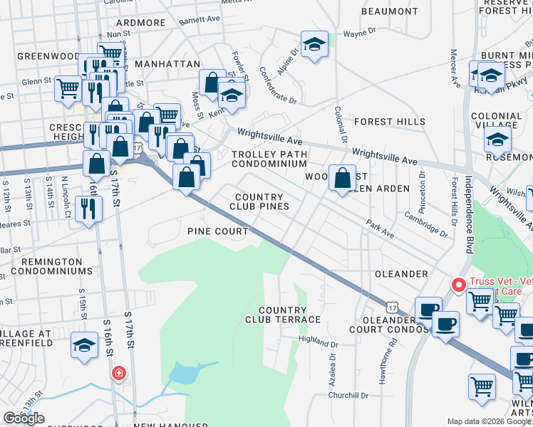 map of restaurants, bars, coffee shops, grocery stores, and more near 2305-2309 Oleander Drive in Wilmington