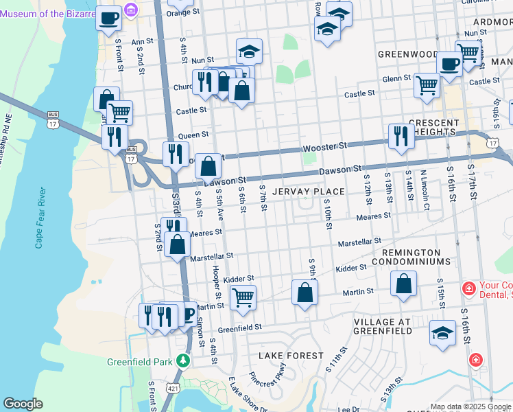 map of restaurants, bars, coffee shops, grocery stores, and more near 616 Wright Street in Wilmington