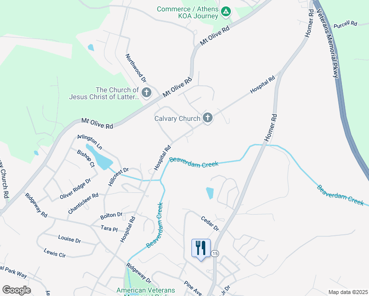 map of restaurants, bars, coffee shops, grocery stores, and more near 1174 Hospital Road in Commerce