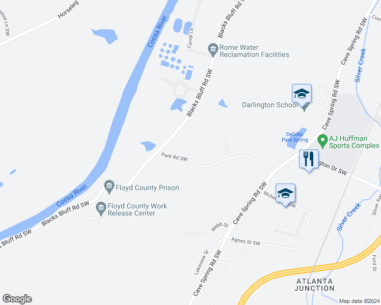 map of restaurants, bars, coffee shops, grocery stores, and more near 244 Blacks Bluff Road Southwest in Rome