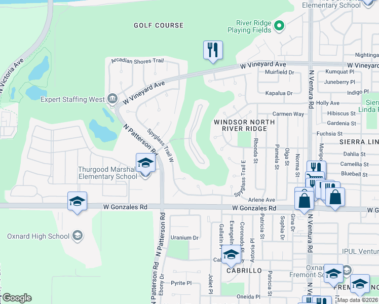 map of restaurants, bars, coffee shops, grocery stores, and more near 2129 Bermuda Dunes Place in Oxnard