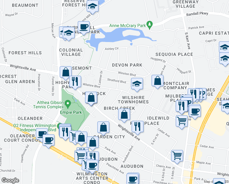 map of restaurants, bars, coffee shops, grocery stores, and more near 3538 Wilshire Boulevard in Wilmington