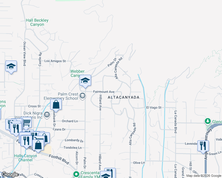 map of restaurants, bars, coffee shops, grocery stores, and more near 1711 Fairmount Avenue in La Cañada Flintridge