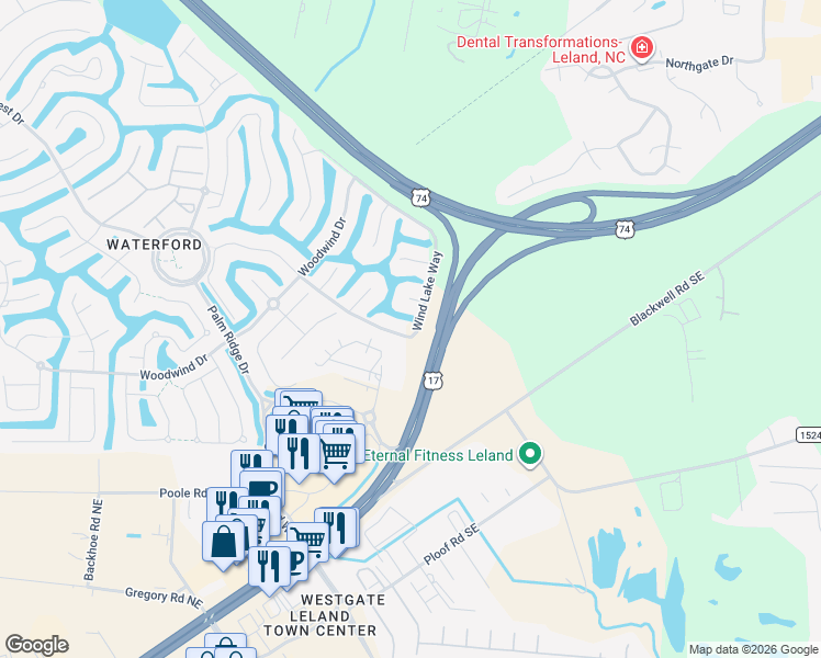map of restaurants, bars, coffee shops, grocery stores, and more near Wind Lake Way in Leland