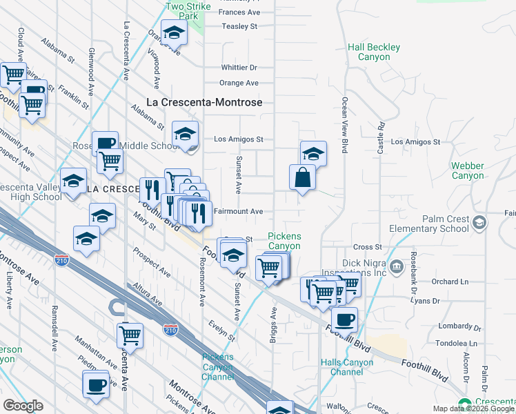 map of restaurants, bars, coffee shops, grocery stores, and more near 2423 Fairmount Avenue in La Crescenta-Montrose