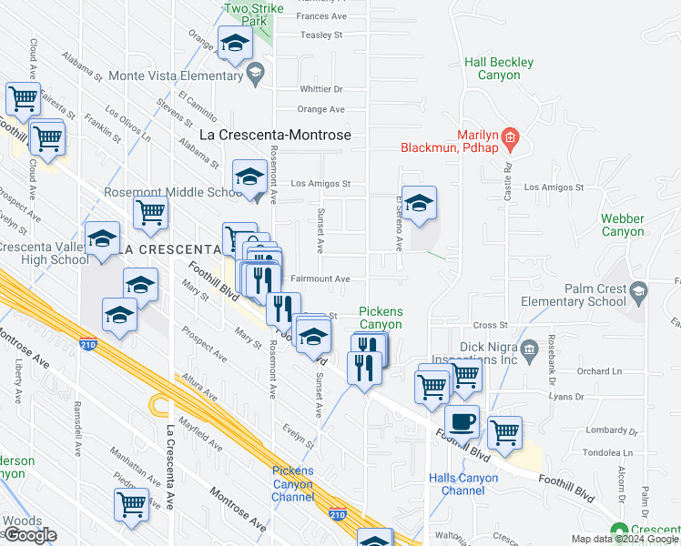 map of restaurants, bars, coffee shops, grocery stores, and more near 2431 Fairmount Avenue in La Crescenta-Montrose