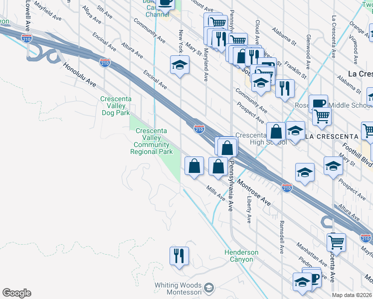 map of restaurants, bars, coffee shops, grocery stores, and more near 3357 Honolulu Avenue in Glendale