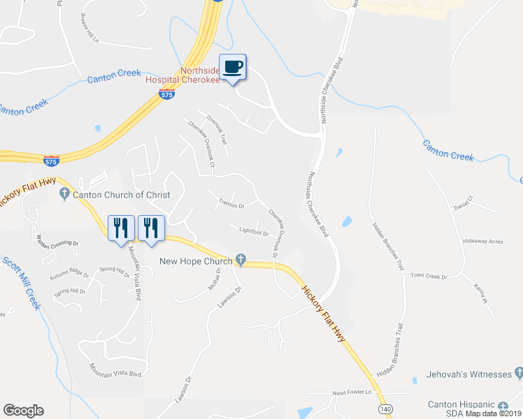 map of restaurants, bars, coffee shops, grocery stores, and more near 3635 Cherokee Overlook Drive in Canton
