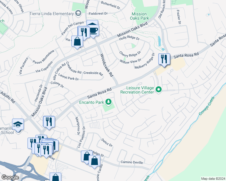 map of restaurants, bars, coffee shops, grocery stores, and more near 5154 Village 5 in Camarillo