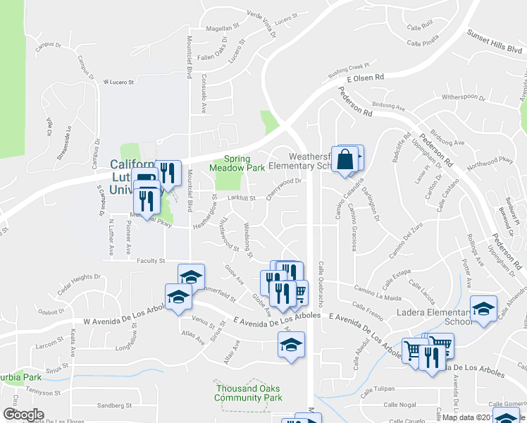 map of restaurants, bars, coffee shops, grocery stores, and more near 3215 Cherrywood Drive in Thousand Oaks