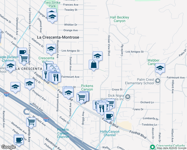 map of restaurants, bars, coffee shops, grocery stores, and more near 2320 Mountain Avenue in La Crescenta-Montrose