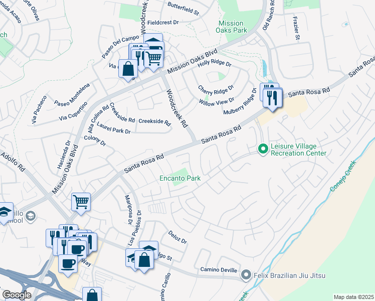 map of restaurants, bars, coffee shops, grocery stores, and more near 5154 Village 5 in Camarillo
