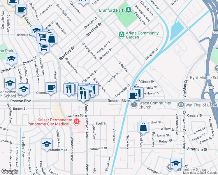 map of restaurants, bars, coffee shops, grocery stores, and more near 13408 Reedley Street in Los Angeles