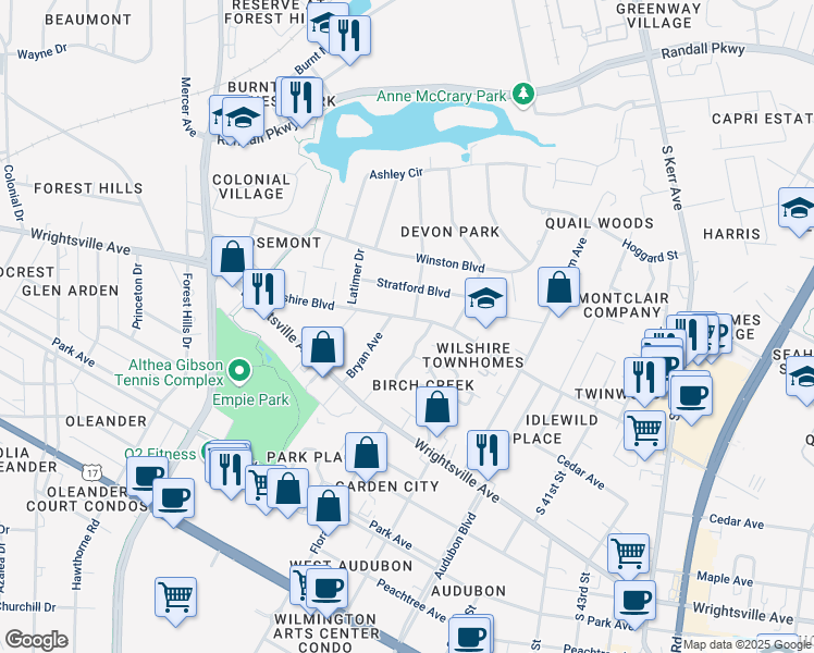 map of restaurants, bars, coffee shops, grocery stores, and more near 3602 Stratford Boulevard in Wilmington