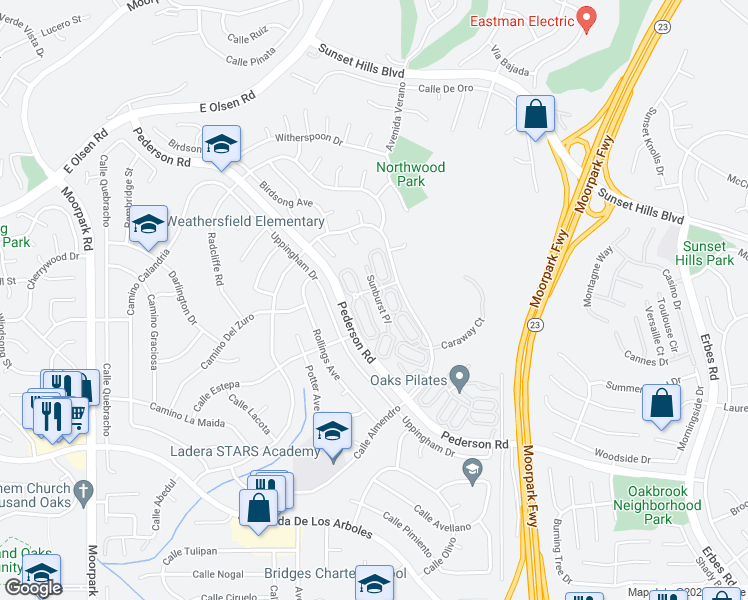 map of restaurants, bars, coffee shops, grocery stores, and more near 3199 Sunburst Place in Thousand Oaks