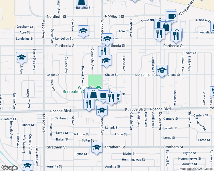 map of restaurants, bars, coffee shops, grocery stores, and more near 8410 Winnetka Avenue in Los Angeles