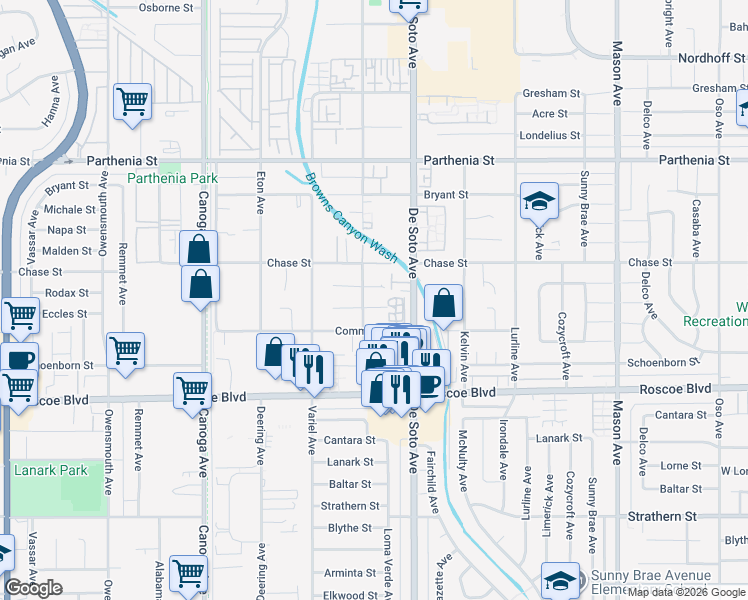 map of restaurants, bars, coffee shops, grocery stores, and more near 20941 Rodax Street in Los Angeles