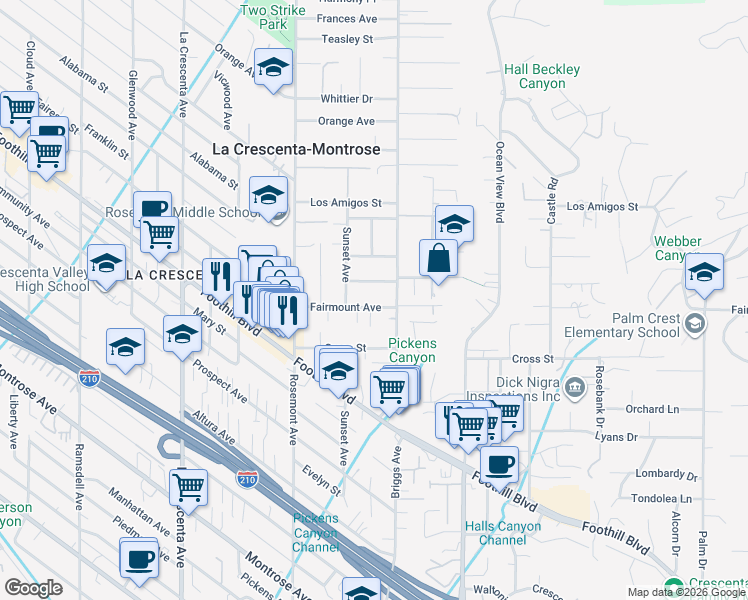 map of restaurants, bars, coffee shops, grocery stores, and more near 2423 Fairmount Avenue in La Crescenta-Montrose