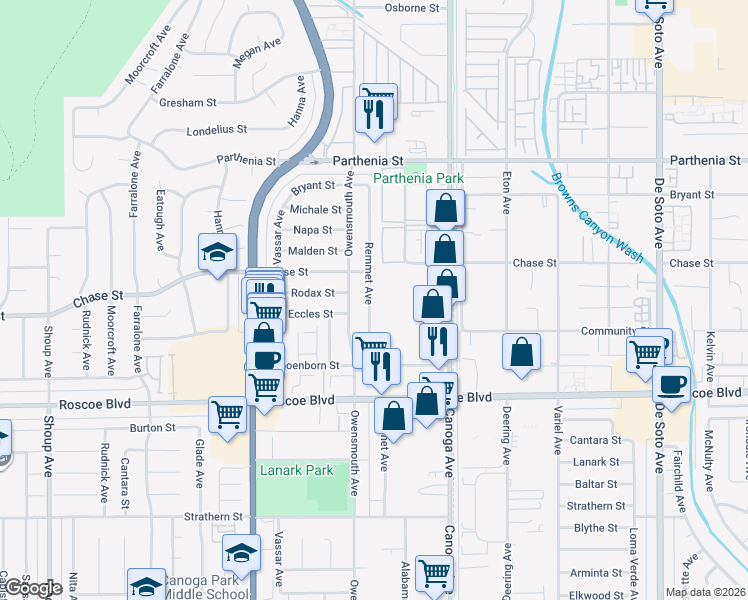map of restaurants, bars, coffee shops, grocery stores, and more near 8436 Remmet Avenue in Los Angeles