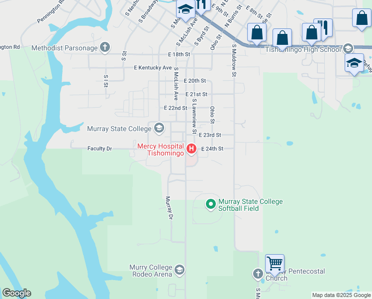 map of restaurants, bars, coffee shops, grocery stores, and more near 500 East 24th Street in Tishomingo